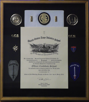 OFFICER CANDIDATE SCHOOL
18 X 16

MOUNTED ON BLACK LINEN

GOLD SHADOWBOX FRAME